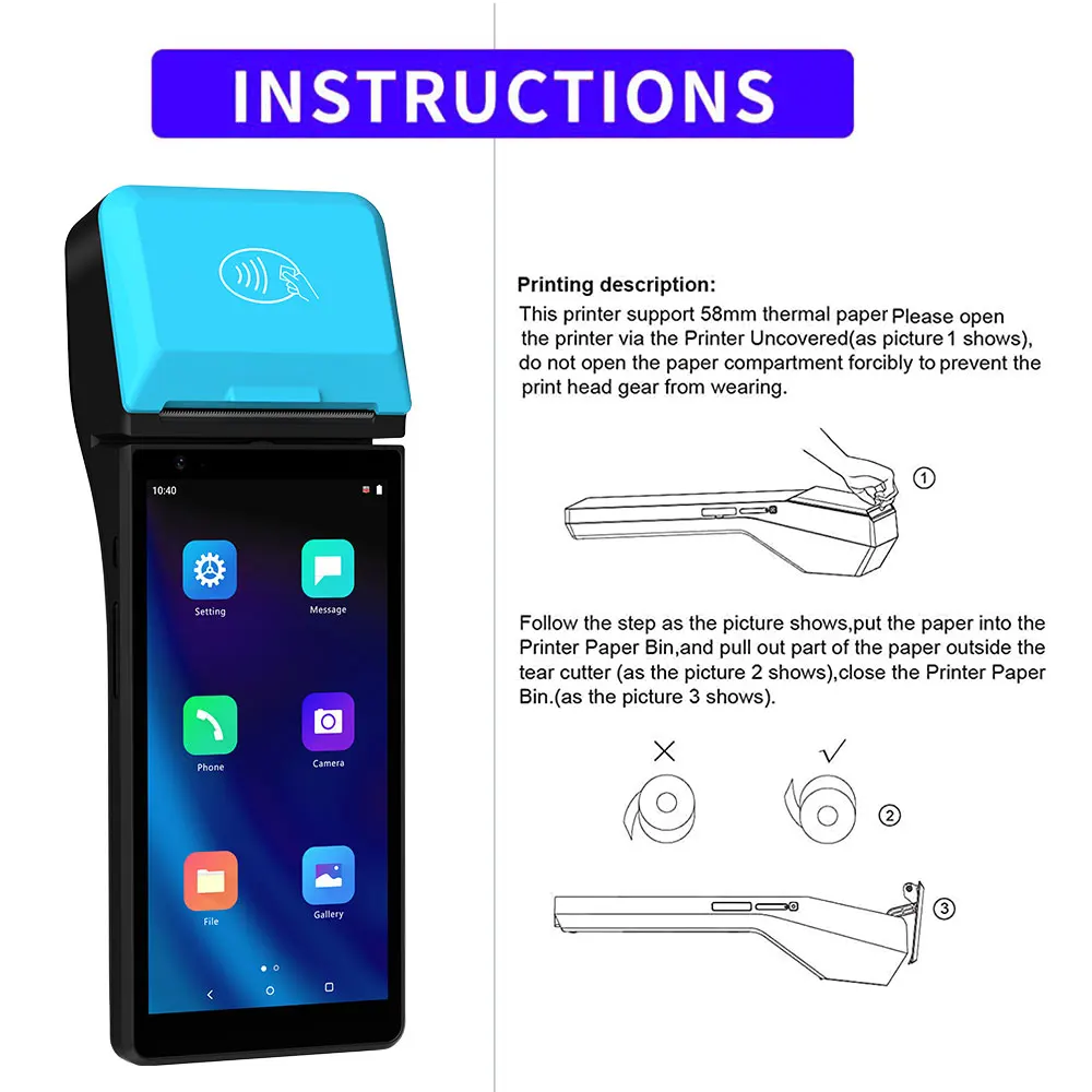 4G/3G/2G WLAN Bluetooth VPN NFC Android Touch Screen POS Terminal With Built In Battery Z500C