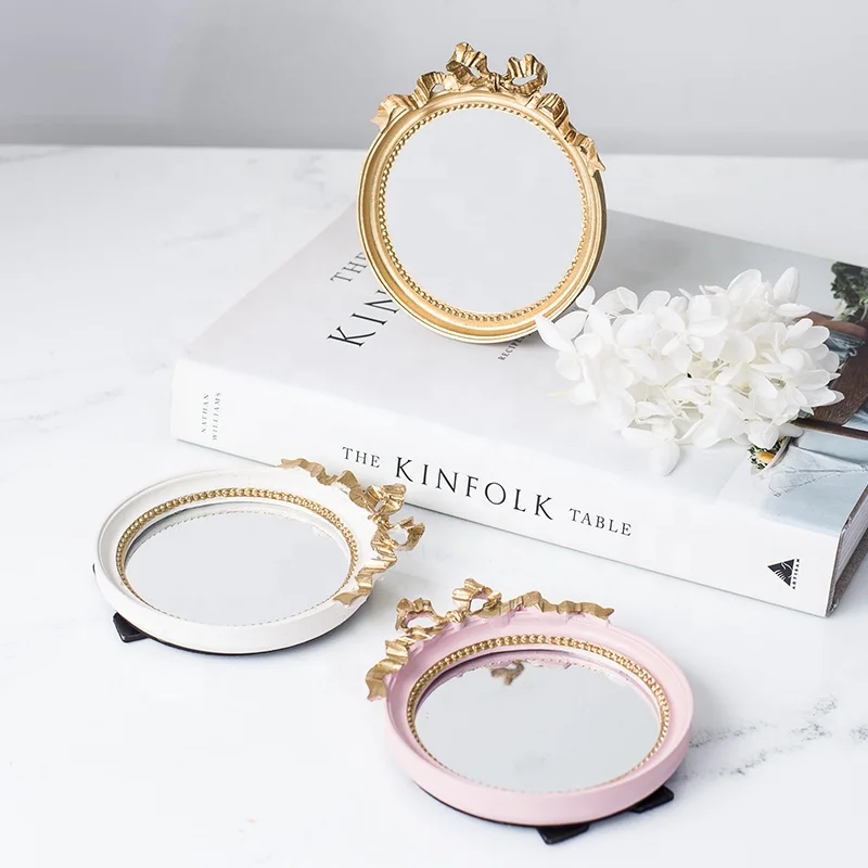 gold white small jewelry storage tray round mirror serving tray set for wedding home decoration living room resin