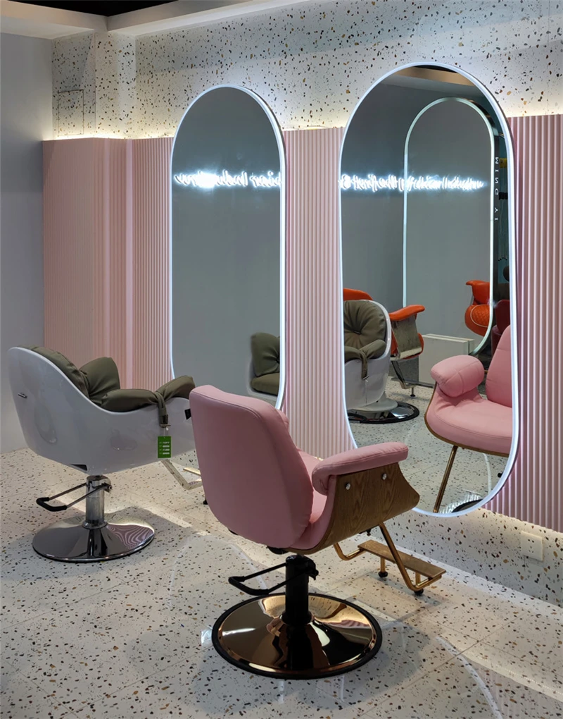 Salon With Double Sided Chair Led Furniture Beauty Styles Round Gold Styling Cabinet Full Design Hair Barber Mirror Station