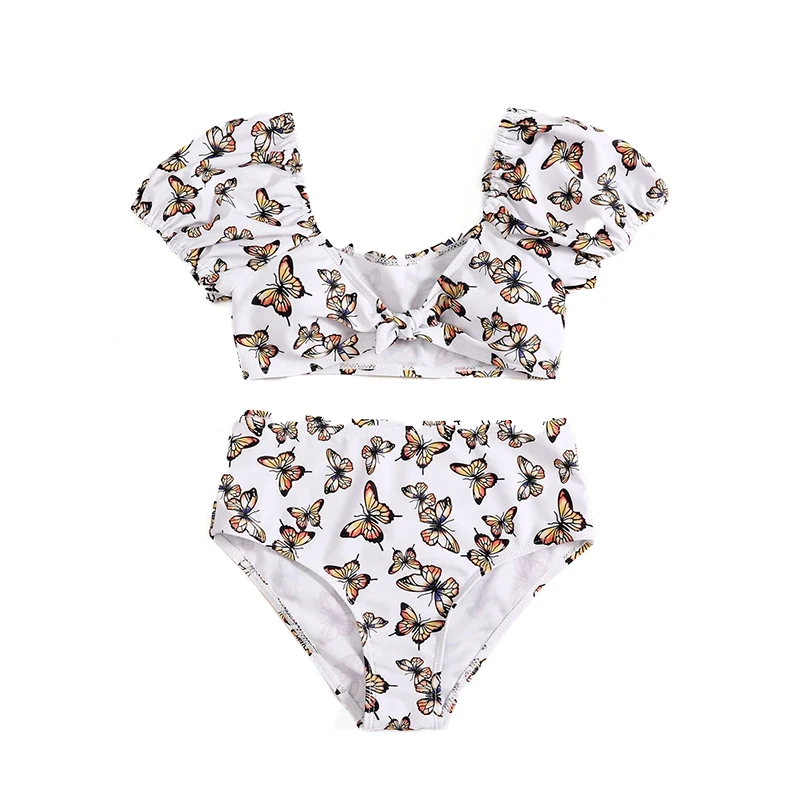 Tie Front Active Two-piece Top And Thong High Waist Girls Swimsuit Bathing Set Child Bikini Butterfly Print Young Girl Swimwear