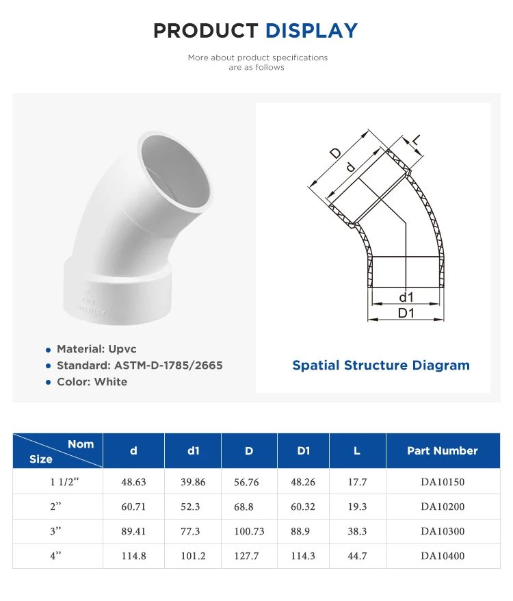 Competitive price ASTM D1785/2665 pvc 45 degree 4 inch pipe fittings bend elbow