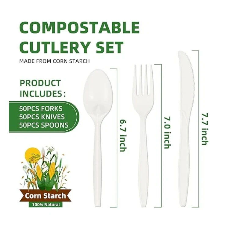High Quality OEM Reusable biodegradable disposable cutlery Spoon fork knife Plastic utensils 6 inch 8inch