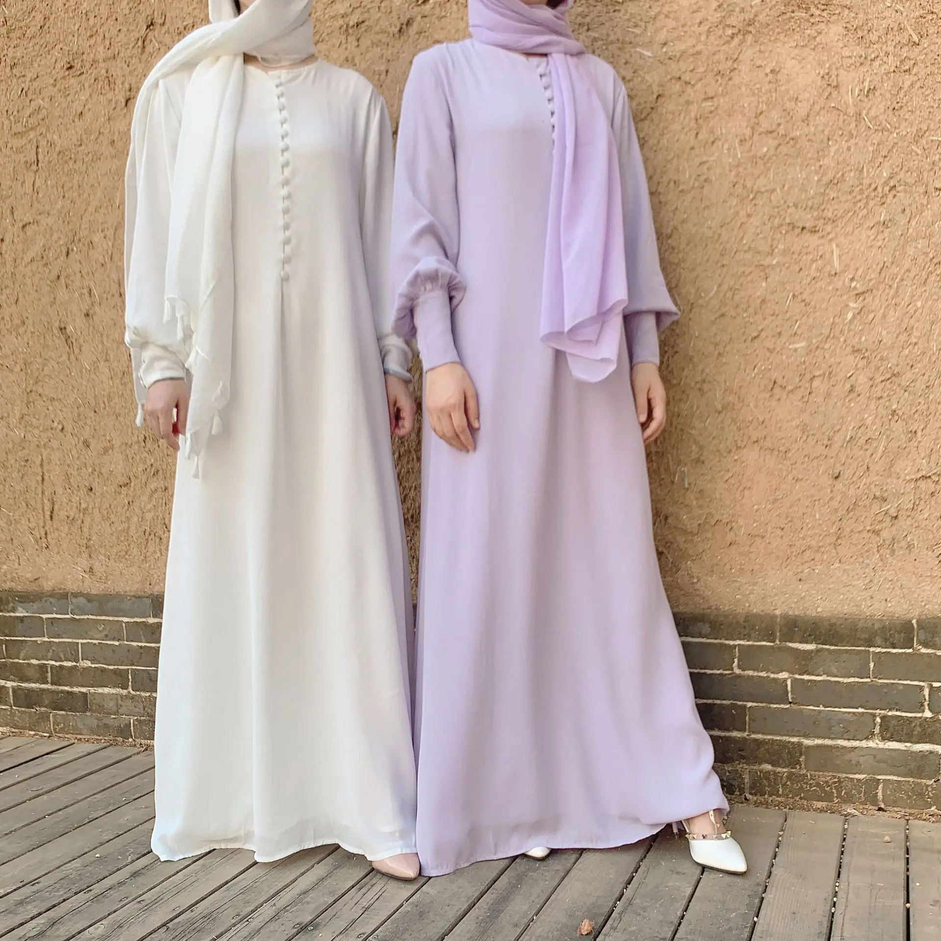 Wholesale Modest Plain Long Sleeve Maxi Dress Chiffon Abaya Women Hijab Dress Muslim And Hijab Islamic Clothing 2023 Dubai