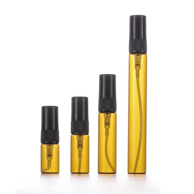 refillable empty perfume bottle pen shape mini 2ml 3ml 5ml 10ml amber glass spray bottle with black fine mist spray