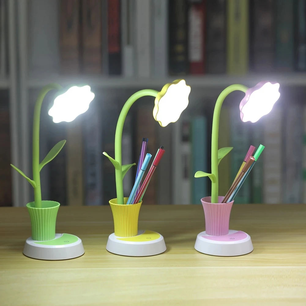 USB Chargeable LED Table Lamp 2 In 1 Sun Flower LED Desk Lamp with Pen Holder Children Reading Learning Eye Protect Night Light