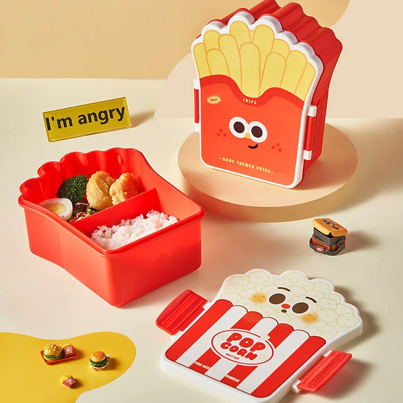 2024 plastic popcorn bento lunch box plastic compartment French fries fruit food container with lid for children snack box