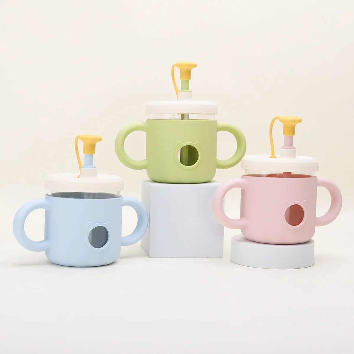 Baby Feeding Milk Glass Cup Spill Proof Sippy Cup Baby Milk Drinking Water Bottle with Silicone Sleeve with Lids and Straw