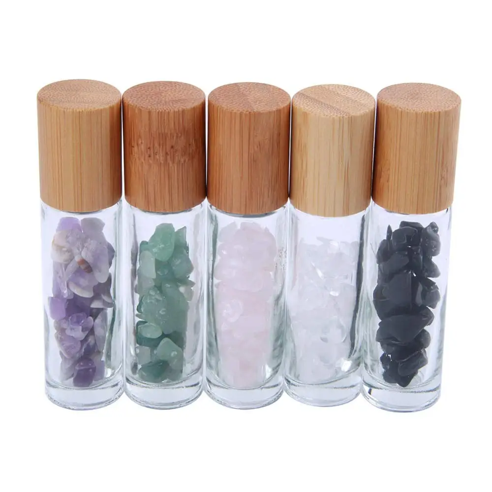 
Eco Healing Crystal Chips Inside for Perfumes Aromatherapy 10ML Gemstone Roller Refillable Roll On Oil Bottles with Bamboo Lid 
