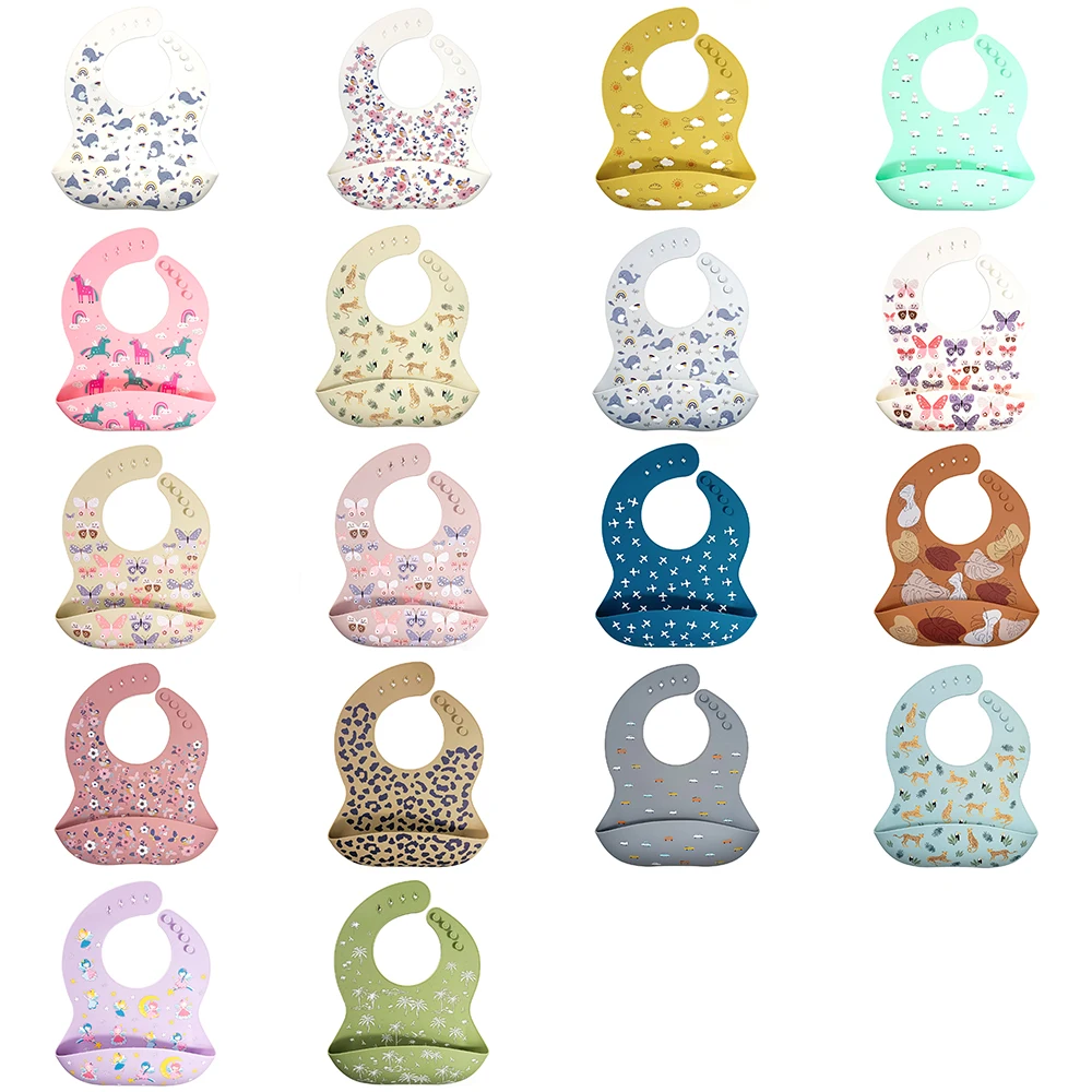 BPA Free Food Grade Silicone Waterproof Bib Tableware Food Catcher Infant Bibs Custom Pattern Bib Custom Printing