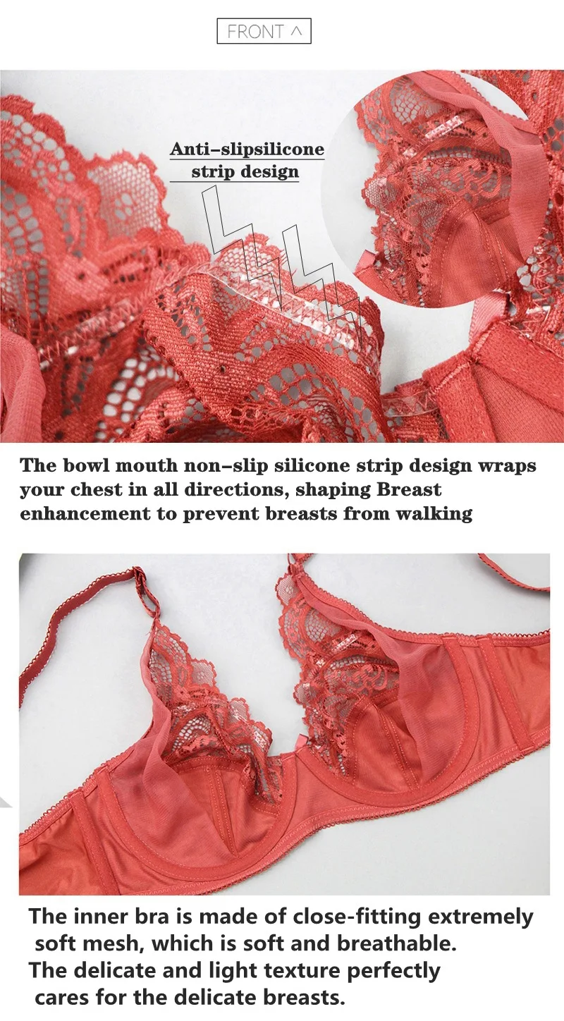 Women's transparent big size bra & brief sets plus size sexy sheer lace bra panty set BCDE cup underwear set