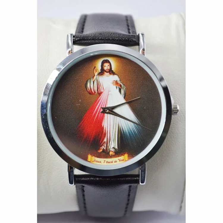 Stock Cheap Alloy Silver Case Leather Strap Quartz Movement Jesus Mens Fashion Watch
