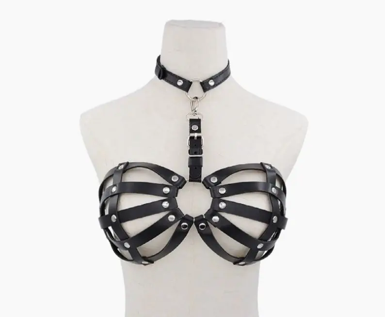 Sexy Women Harness Goth Punk Lingerie PU Leather Belt Bra Back Closure Wireless Strapless Seamless Push Up Bra