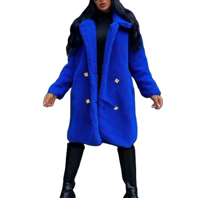 Faux Lamb Fur Coats Women Elegant Double Breasted Jackets Women Winter Turn Down Collar Mid Length Coats Ladies