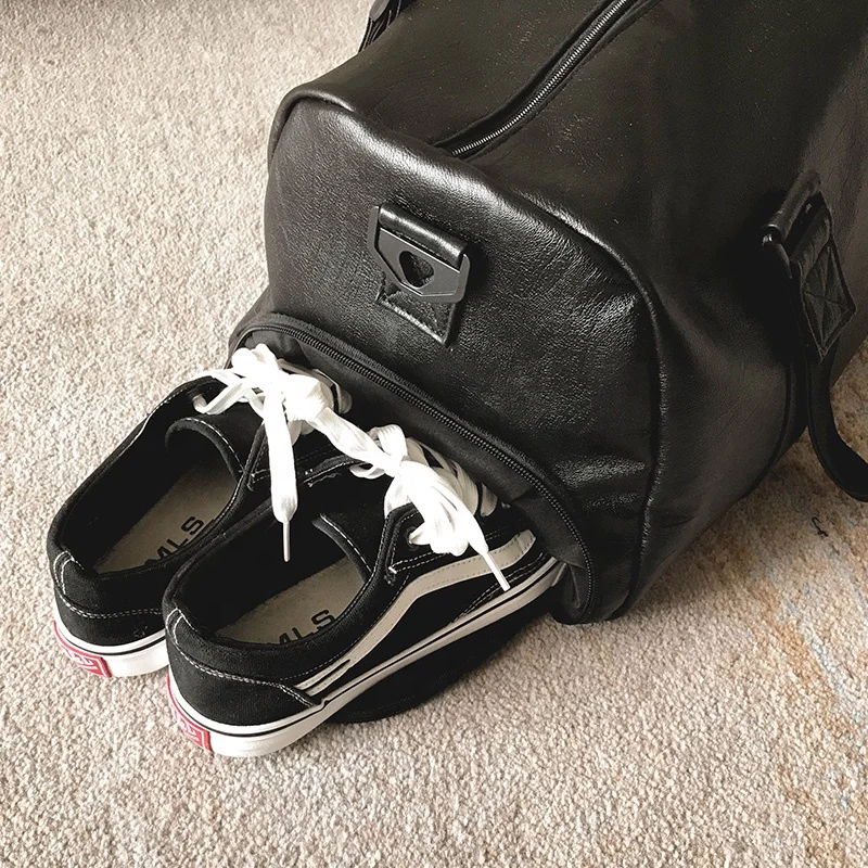
custom women mens black pu leather gym duffel bag with shoe compartment multifunctional duffle travel bag 