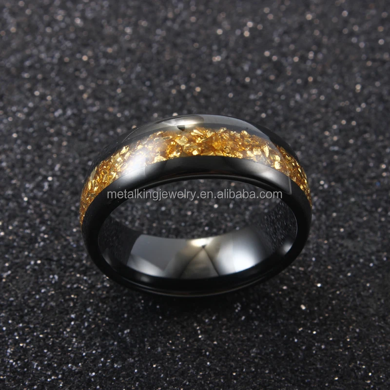 8mm Black Tungsten ring with Gold Germany Glass Stone Inlay, Dome Finished.