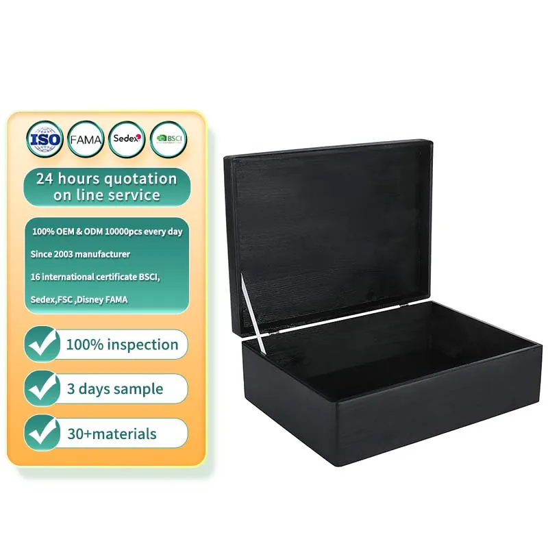 Black Paulownia Wood Storage Box with Hinged Lid Folk Art Style Gift Box for Kitchen Document Product Storage-Polished Technique