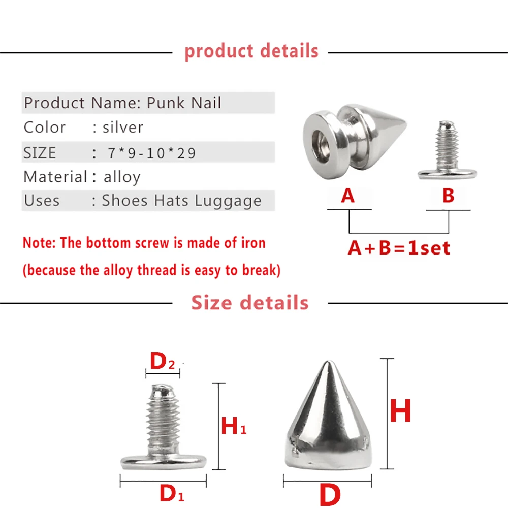 Punk Rivet Pointed Nail Gothic Style Button Alloy Silver Rivets Buckle Long Spikes For Clothes Crafts Leather Rivets