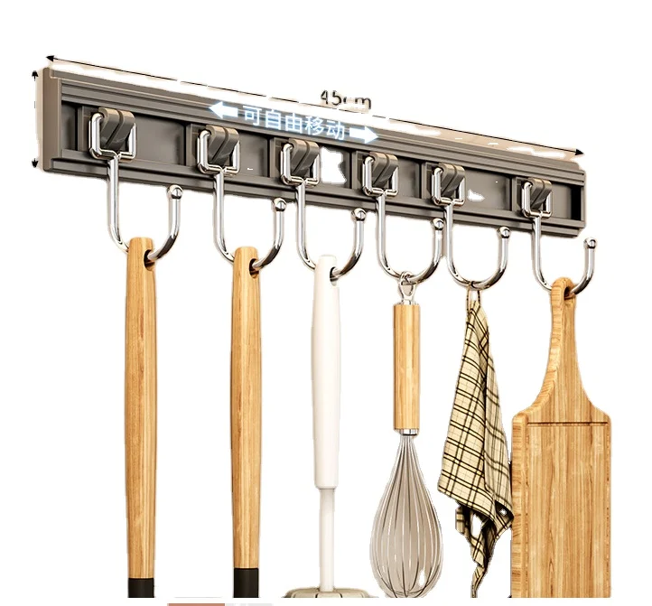 Multiple hooks Non punching kitchen hook bracket Wall mounted aluminum alloy kitchenware hanging rod Kitchenware storage rack