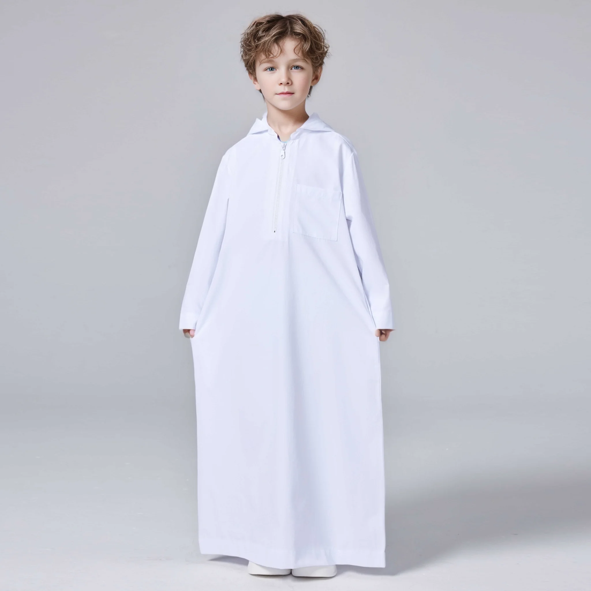 Ramadan Middle East Muslim Arab Dubai Turkey Solid color boy hooded zipper shirt robe thobe