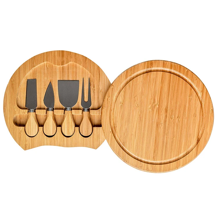 Wholesale Natural Bamboo Round Cheese Board with Cutlery Set