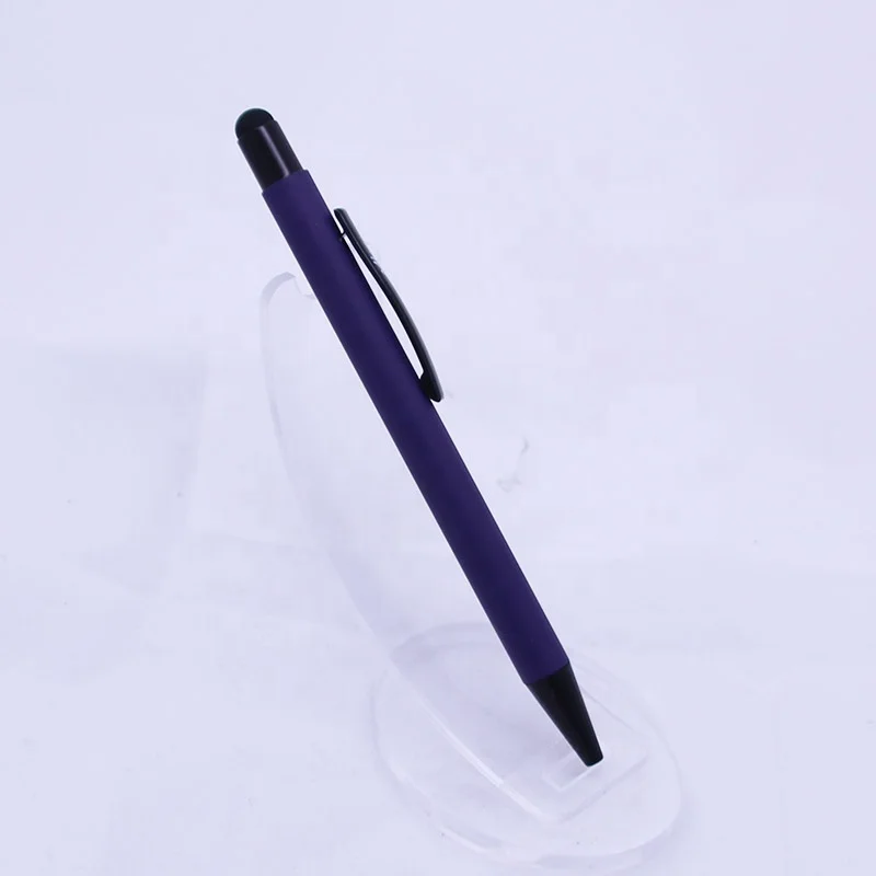 Advertising capacitive creative gift stylus tip pen metal soft rubberized grip purple ballpoint pen student school