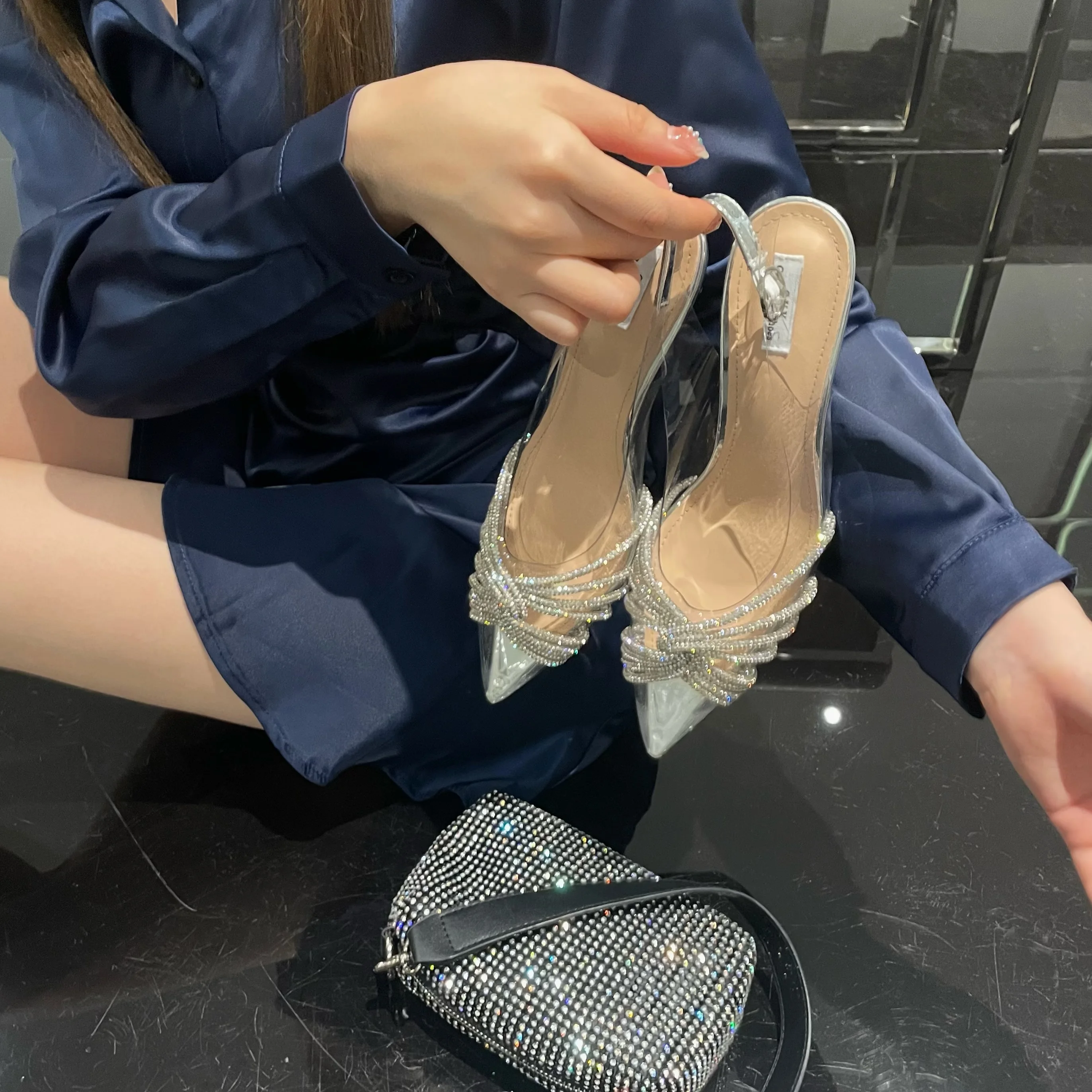 Women Sandals Pointed Toe Crystal Transparent Female Pumps Thin High Heel Slip-On Solid Sexy Ladies Summer Shoes Fashion New