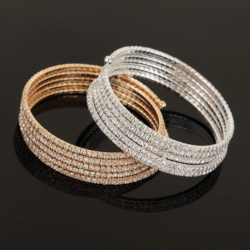 Hot Sale Delicate Jewelry Metal Wire Flexible 5 Rows Crystal Rhinestone Chain Silver Plated Bangles