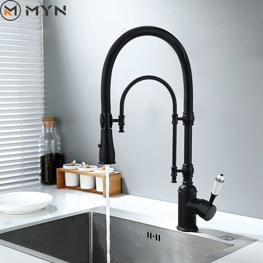 Latest all copper brass American style chrome black gold kitchen faucet sink spring pressurized cold and hot rotating faucet