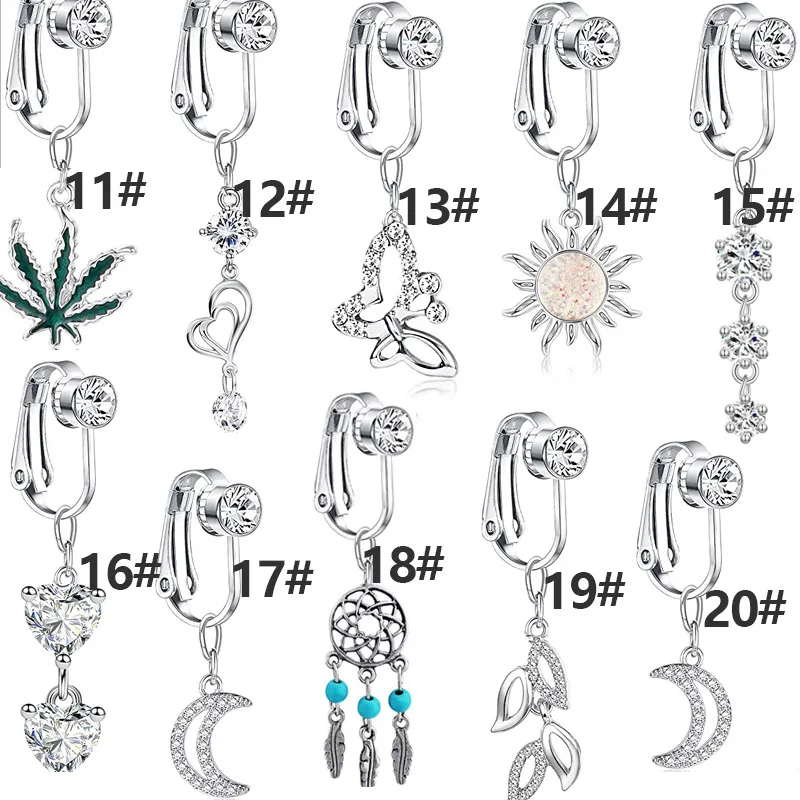 YICAI Crystal Heart Butterfly Dangling Navel Rings CZ Clip on Earring Non Piercing Dangle Fake Belly Piercing Jewelry