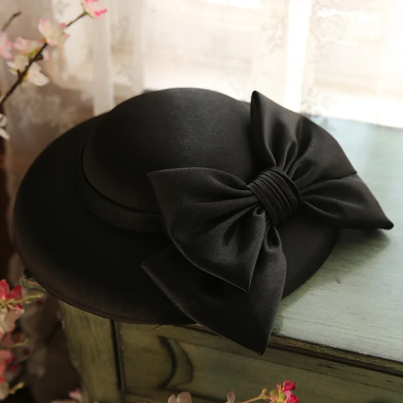 Women White Bow Big Brim Hat Court Banquet Dress Elegant Top Cap Lady British Style Wine Red Clip Hats for Four Seasons