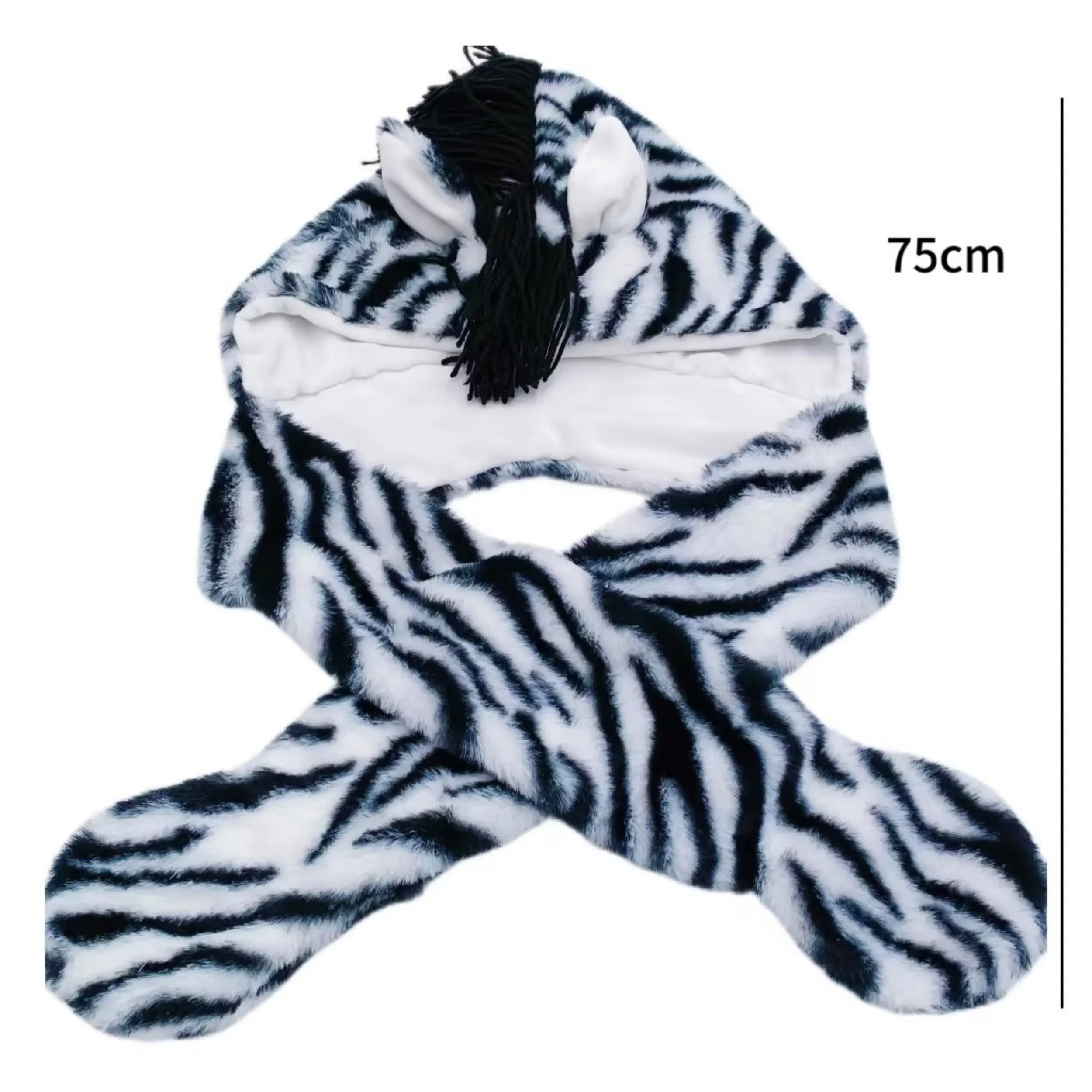 Furry Bunny Black And White Animal Kids Girls Adult Fur Winter Warm Long Scarf Plush Hat Mittens Gloves Zebra