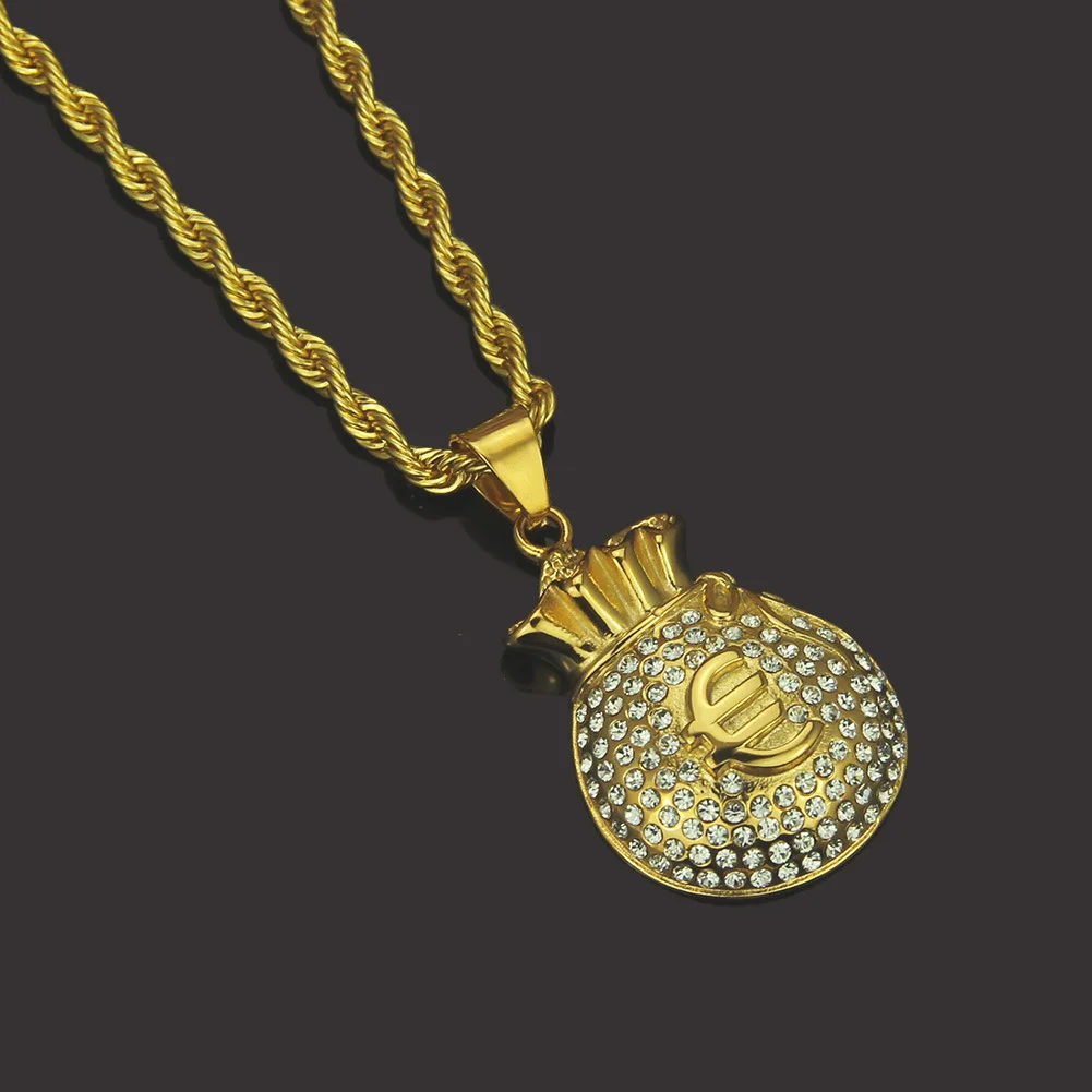 Hip Hop Style Personality Full Crystal Gold Plated Stereoscopic Euro Money Symbol Rich Bag Pendant Necklace With Rope Chain