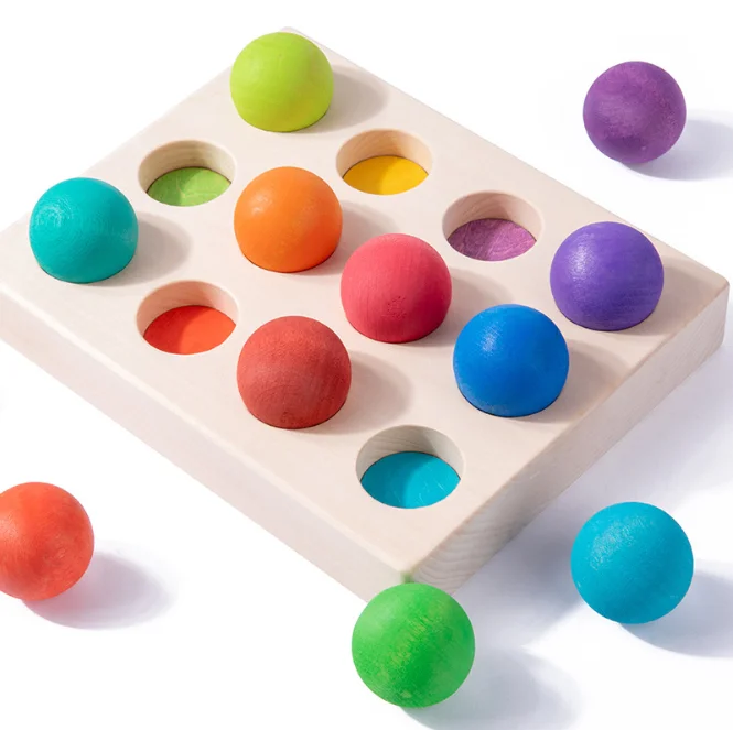 High-Quality Colorful Wooden Rainbow Ball Toys for Kids 12 Colors to Enhance Color Recognition Skills and Playful Baby Toy
