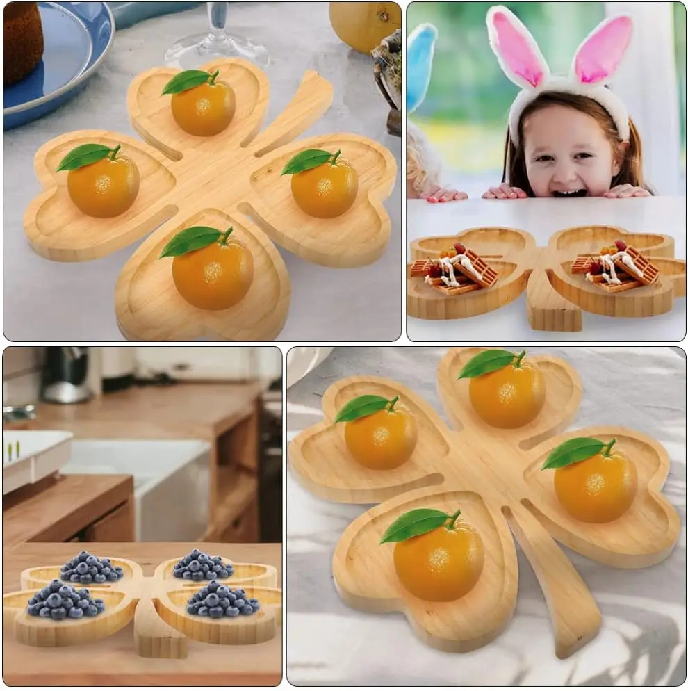 Multi Use Flower Shape Bamboo Plate, Wooden Snack Tray With Dividers parts bread tray kid school lunch tray