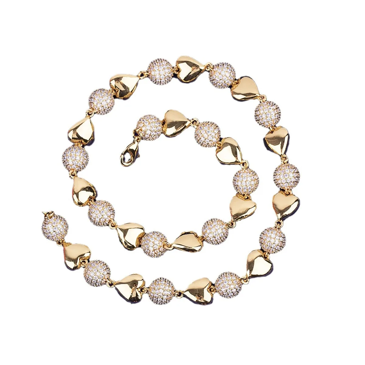 DE Stylish Trendy Dazzling Fashion Brass Jewelry Iced Out Gold Plated Bling Baguette Zircon Ball Heart Link Chain
