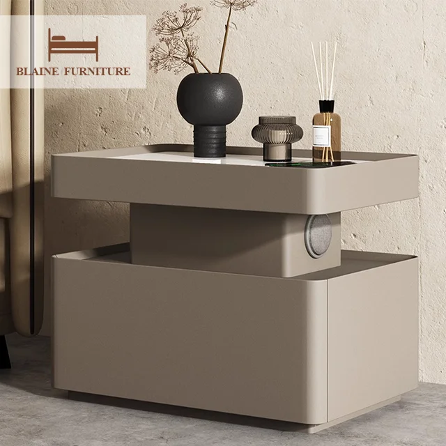 Smart Microfiber Multi-functional Bedside Table Home Furniture Bedroom Modern Slate Top Nightstand Bedroom Cabinet Solid Wood