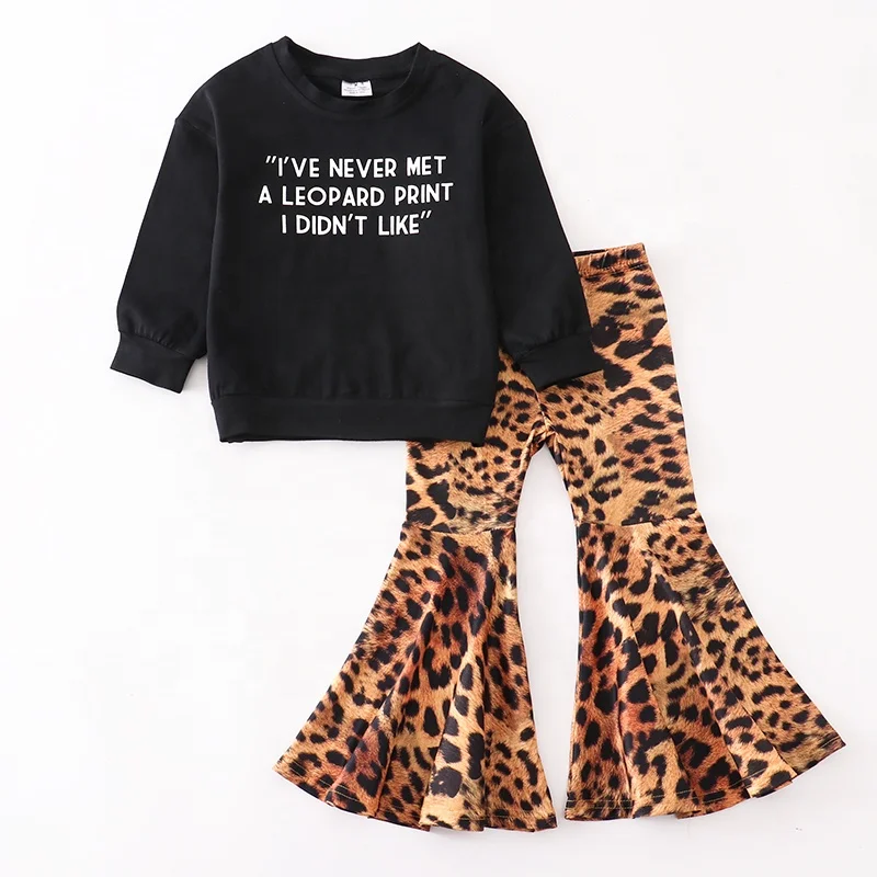 Girlymax 2022 Fall Wild Cheetah Long ruffle sleeve bell-bottomed pants boutique girls outfit