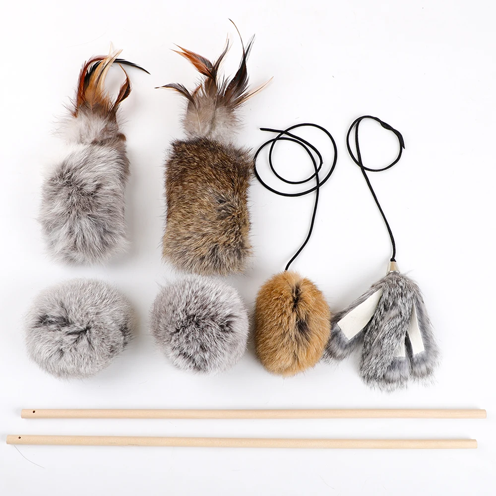 Natural Wood Sticks with Rabbit Fur Teaser Cat Entertainment Toys for Feline Fun and Play