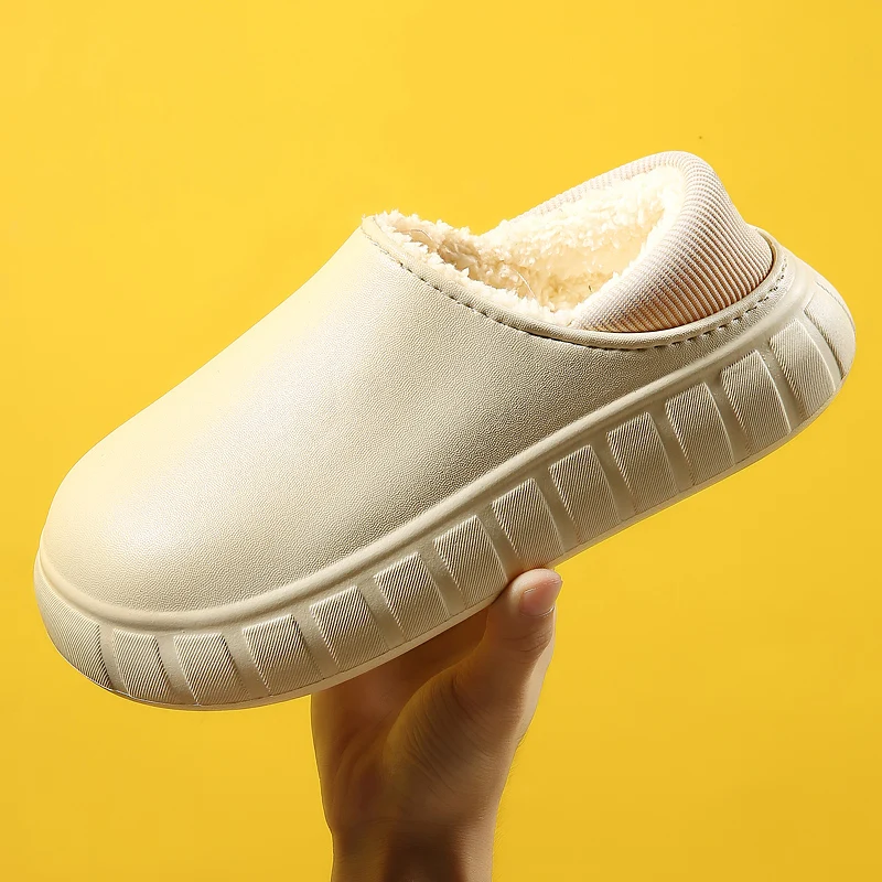 PU leather slippers couple simple floor home winter non-slip and waterproof cotton slippers for women and man
