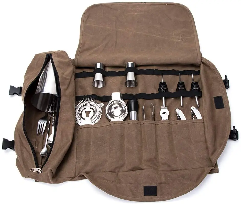 Custom LOGO Portable Canvas Bartender Tool Kit Bags Rolling Bar Case Bag For Travel Outdoor Handbag