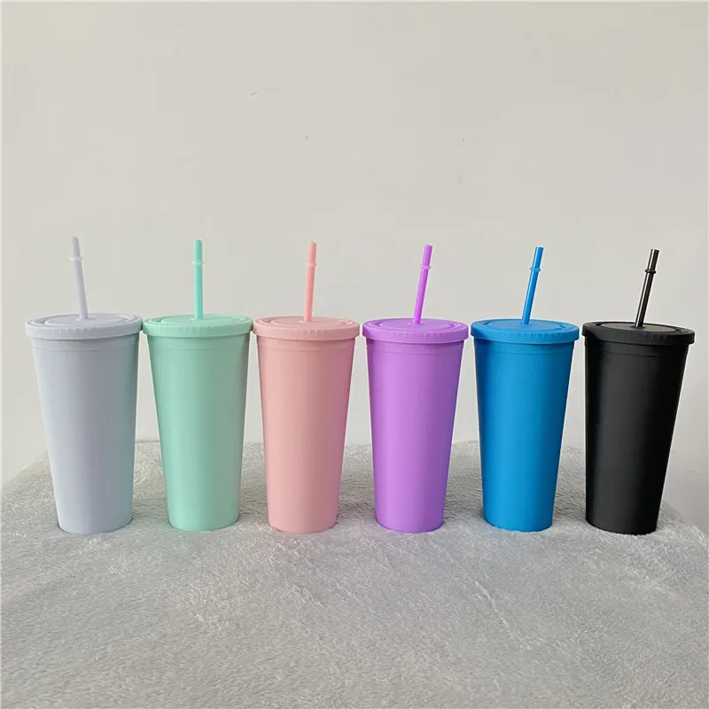 Reusable double walled plastic Pastel Colored BPA Free Venti 22oz matte acrylic tumbler drinking Cup with Lids and Straws