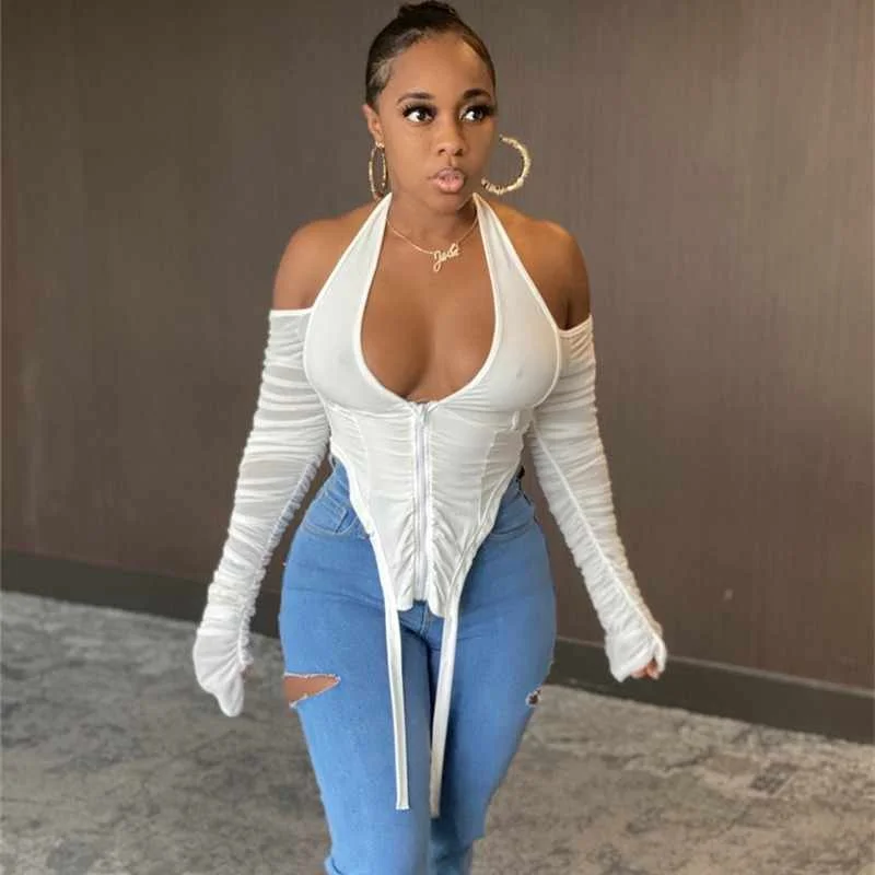 
Women Summer Sexy Halter Lace-up Mesh See Through Long Sleeve Crop Tops Woman 