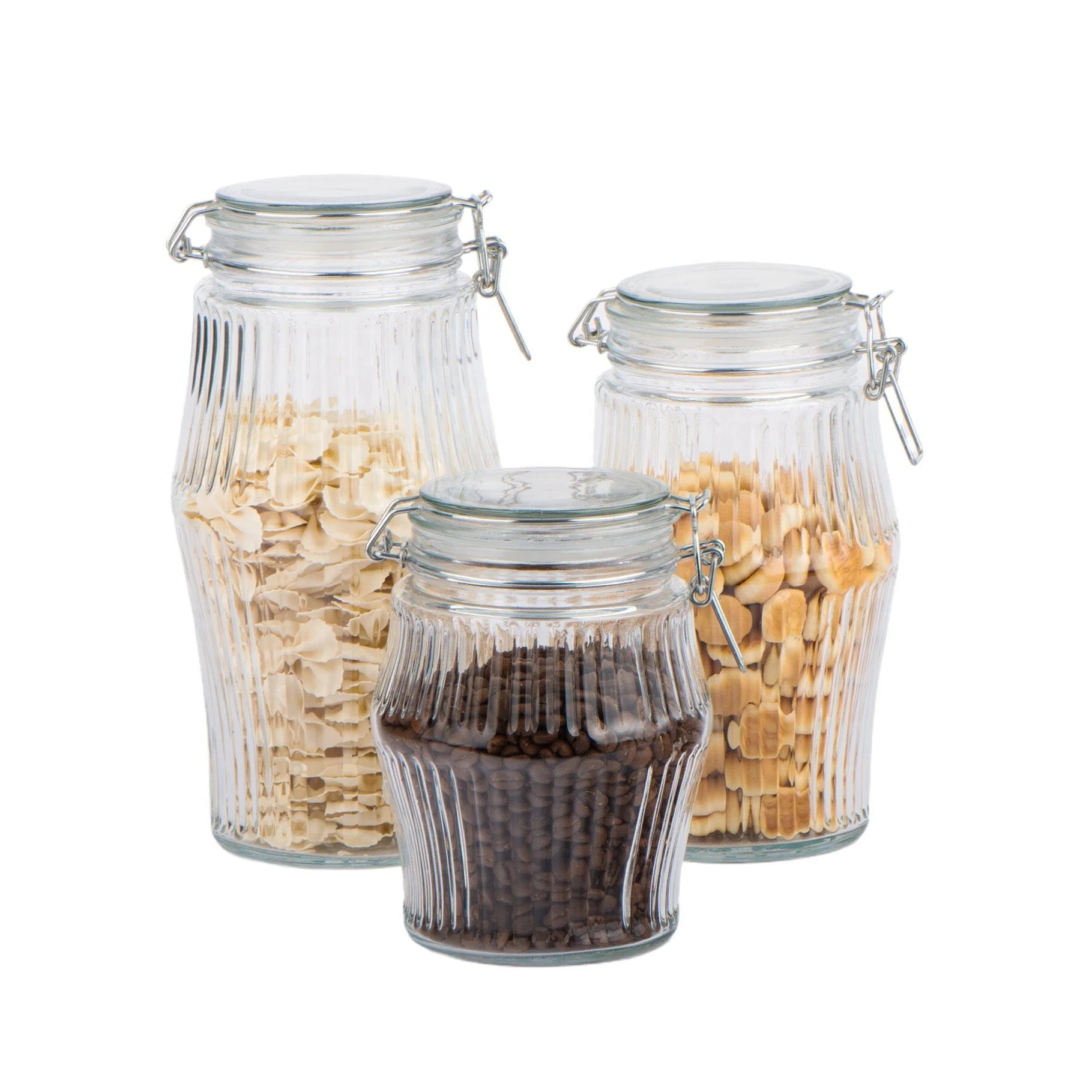 1300ml 1700ml 2150ml Glass Food Storage Jar with Lid and Metal Clip Embossed Vertical Lines Design