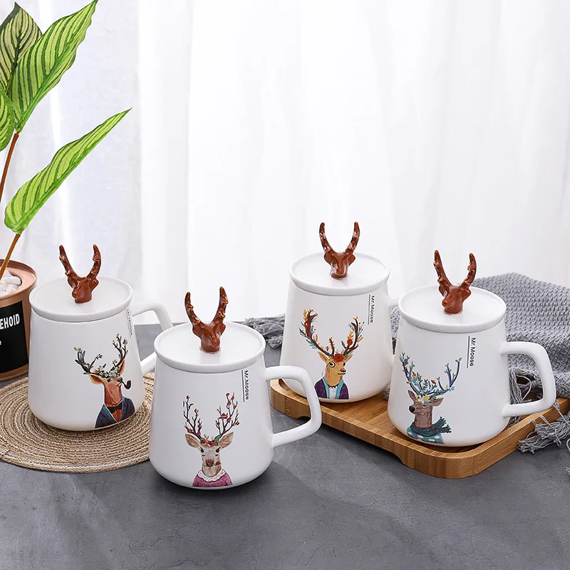 450ml Hot Ins Creative  Handmade Cute Antler Ceramic Mug Tea Cups Ceramics Porcelain Office Coffee Cup with Lid