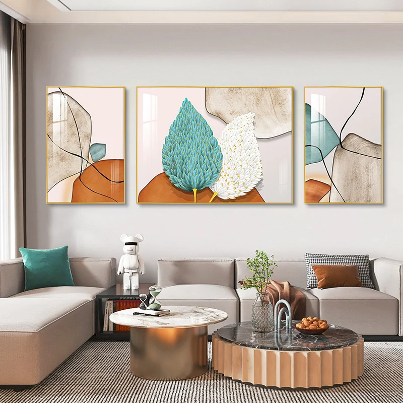 Living Room Decoration Painting Modern Simple Abstract 3pcs Mural Light Luxury Feather Crystal Porcelain Painting
