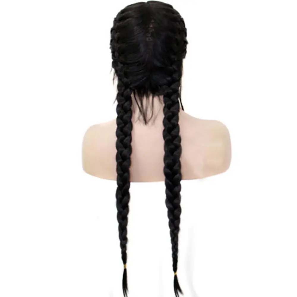 Ladies Fashion Black Double Ponytail Braid Front Lace Braided Wigs Chemical Fiber Headgear Plait Women Wig