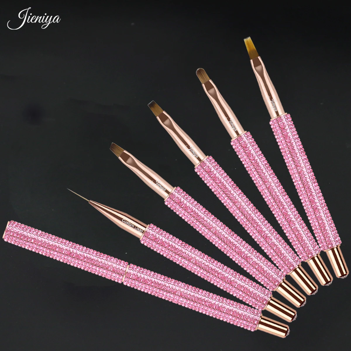 popular Nail salon brush metal handle with pink bling Rhinestones nail brush sets for girls nail designs 2024