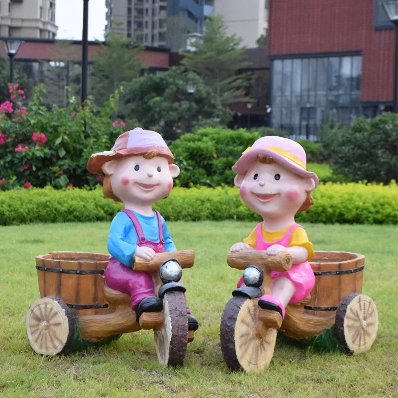 Outdoor Landscape Statues Cycling Doll Flower Pot Fiberglass Garden Planter Ornaments Resin Bike Doll Kindergarten Decoration