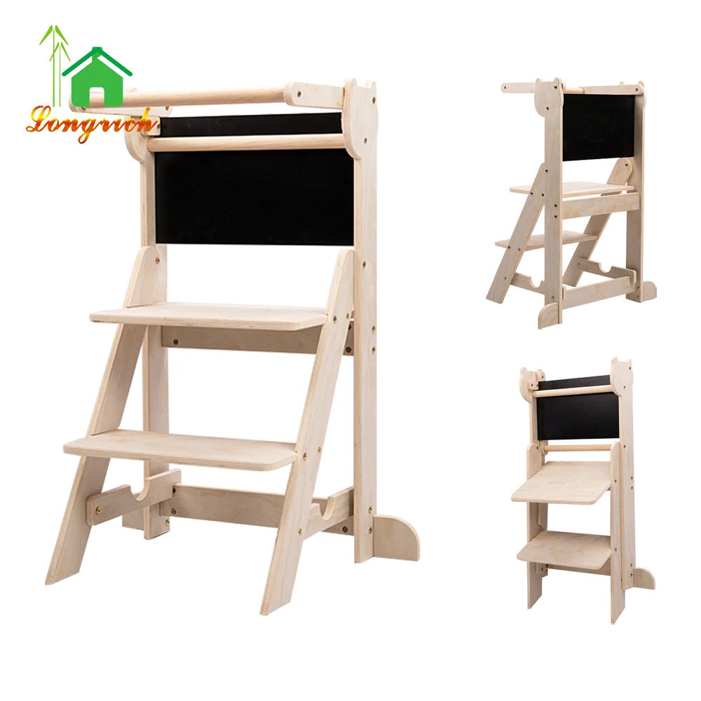 Foldable Kitchen Step Stool for Kids - with Safety Rail & Chalkboard Anti-Slip Feet Kitchen Stool Tower for Counter Kitchen