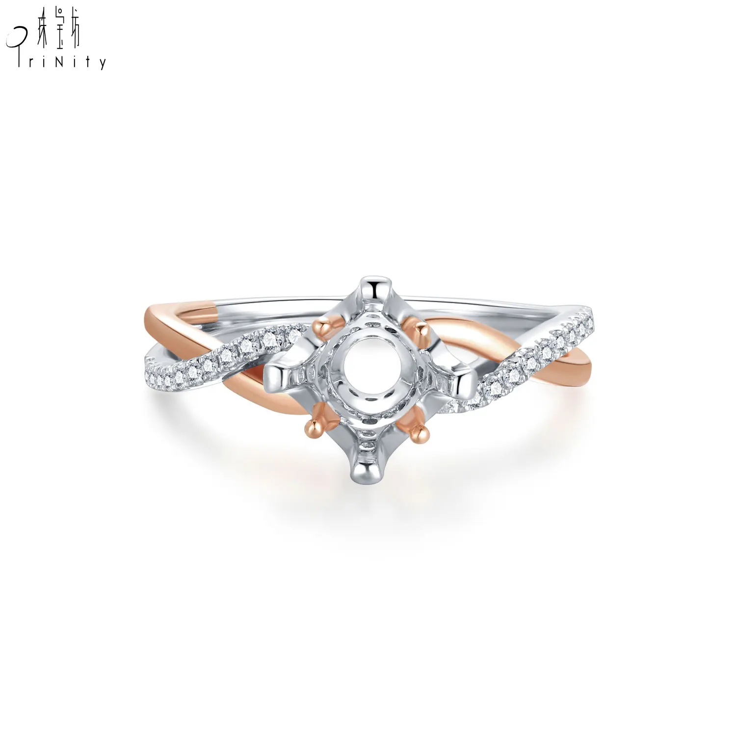 Promotional Fine Handmade Real Gold 18k Solid Gold White Diamond Rose Gold Crown Twist Semi Mounting Ring For Women Wedding